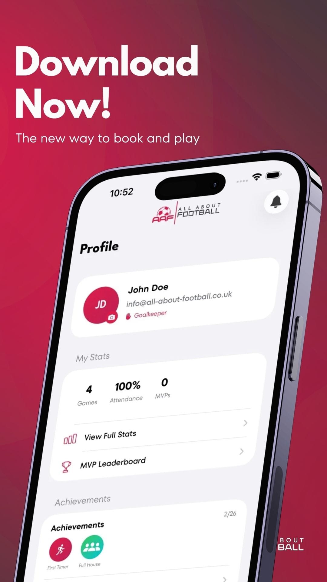 All About Football app showing player profile, stats, and achievements